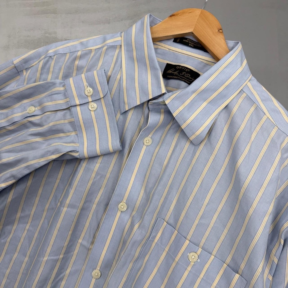 Orvis Button Down Shirt Blue‎ Yellow Striped Signature Collection Collared XXL